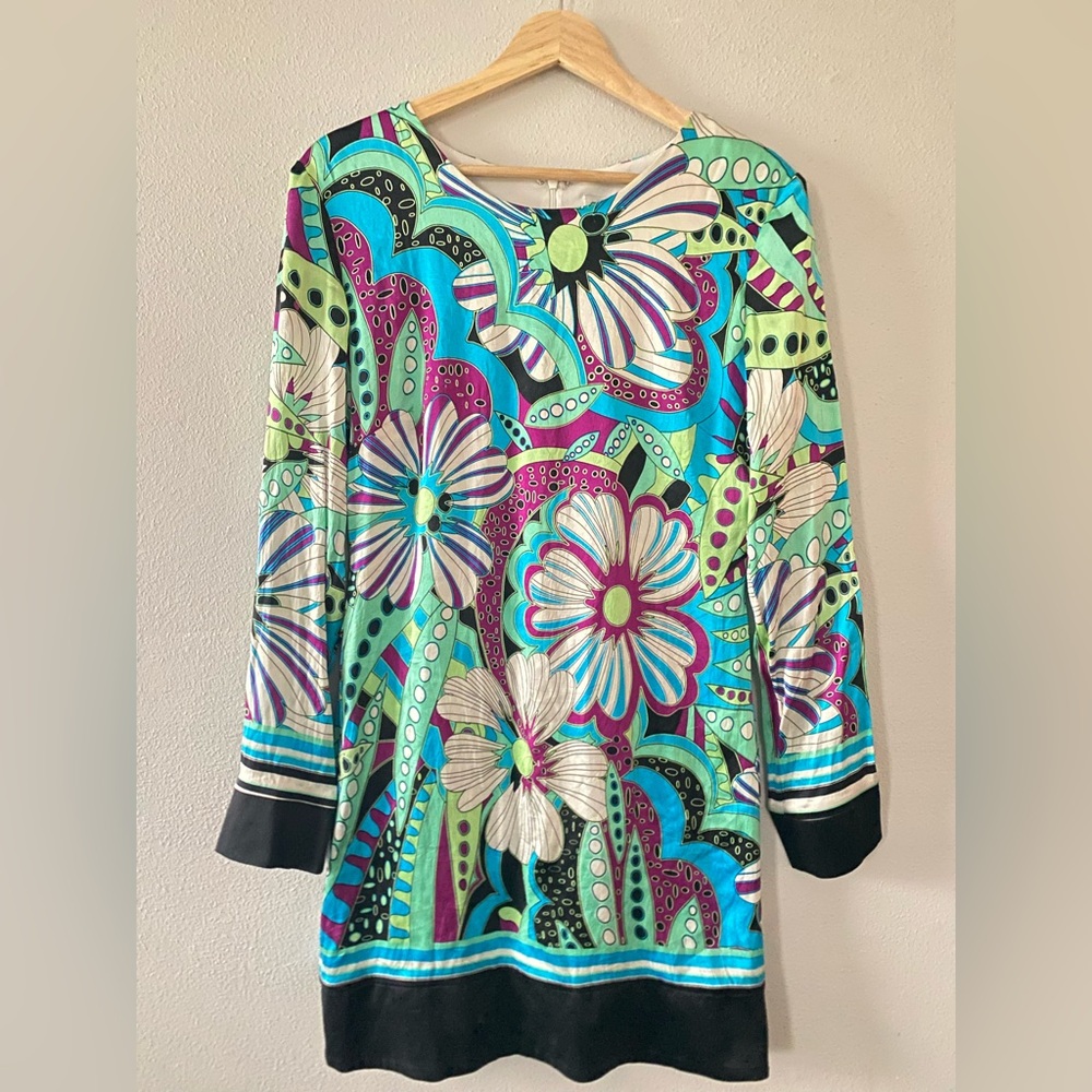 Cache Vintage Silk Mini Dress Long Sleeve Vibrant Floral Retro Print Women‎ Sz 8